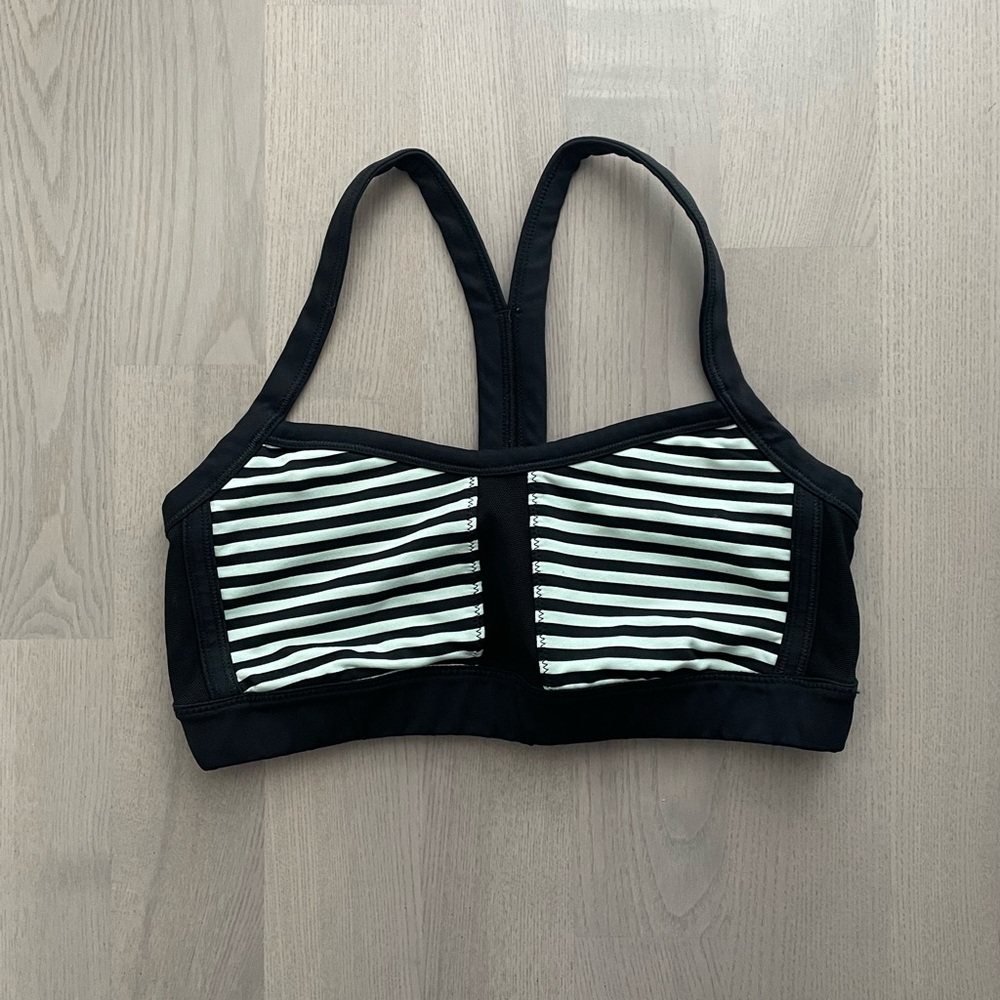 Lululemon Striped Mint and Black Sports Bra with Y Back and Mesh Details
